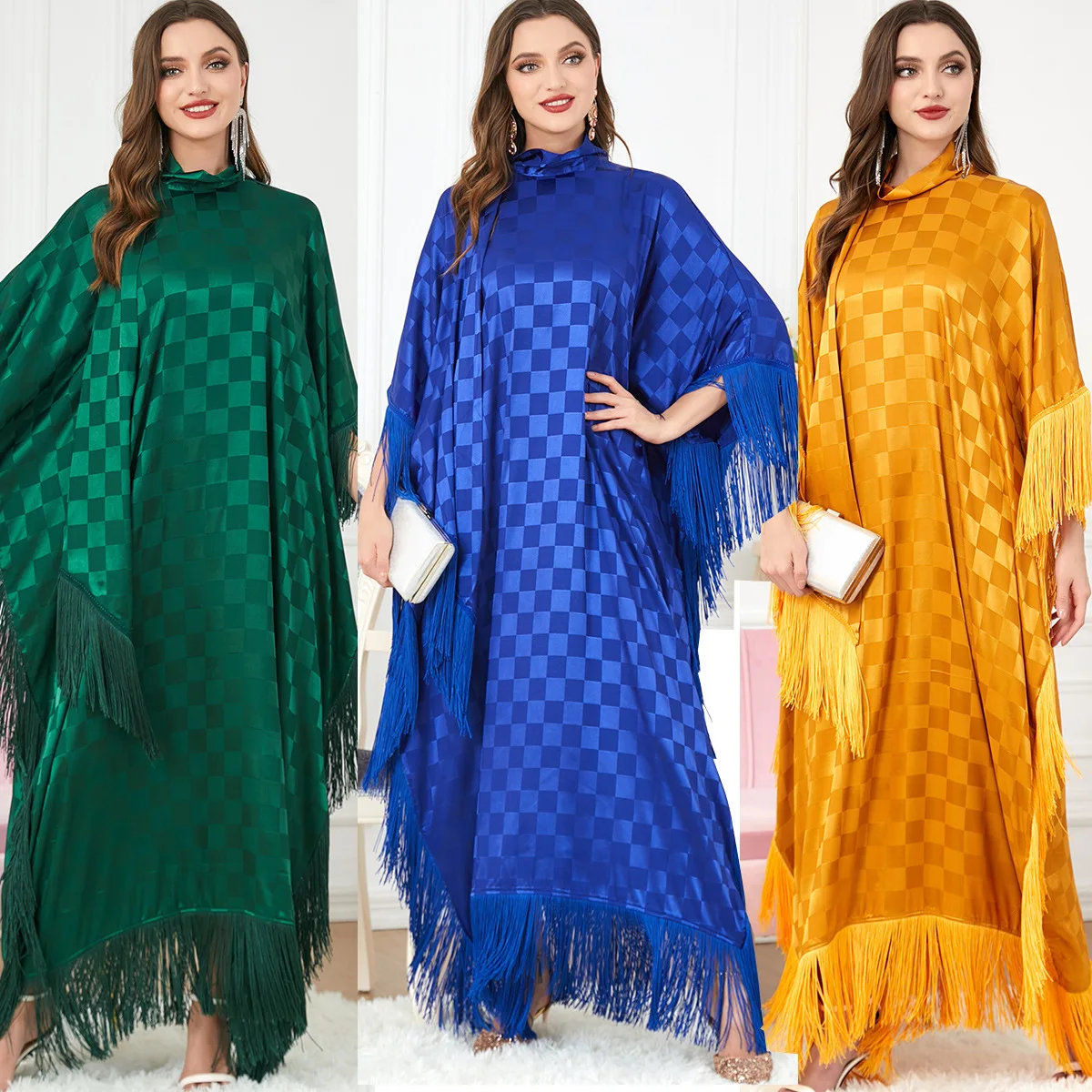 

Abayas For Women Dubai Muslim Fashion Tassel Batwing Sleeve Plaid Long Dress Moroccan Kaftan Women's Jalabiya Ramadan