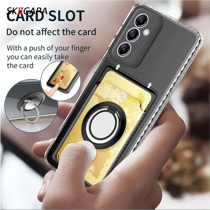 Transparent Card Slot Wallet Holder Silicone Case with Magnetic Ring Stand and Soft Cover