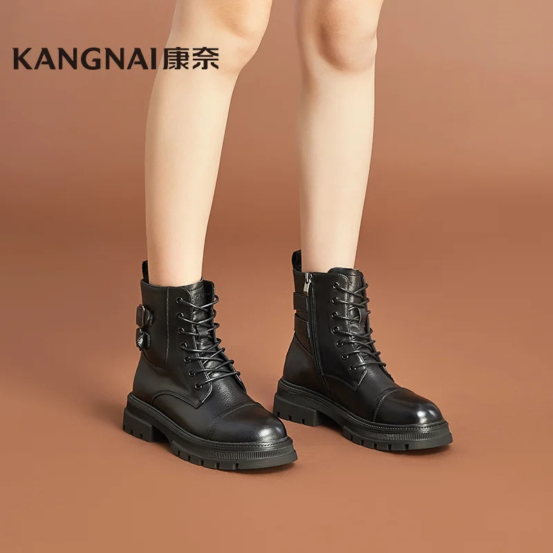 

Kangnai Ankle Boots Women Shoes Cow Leather Belt Buckle Boots Round Toe Lace-Up Thick Sole Female Shoes