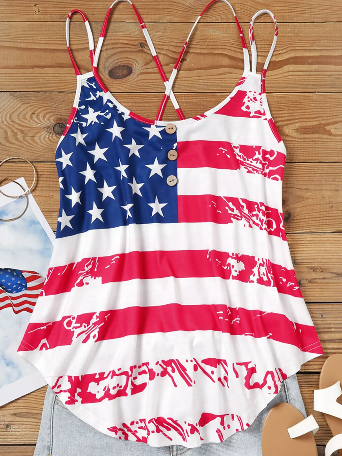 

2023 American Flag Criss-Cross Irregular Hem Camisole Summer Women Sleeveless Y2k Tank Tops Female Versatil Pullover Streetwear