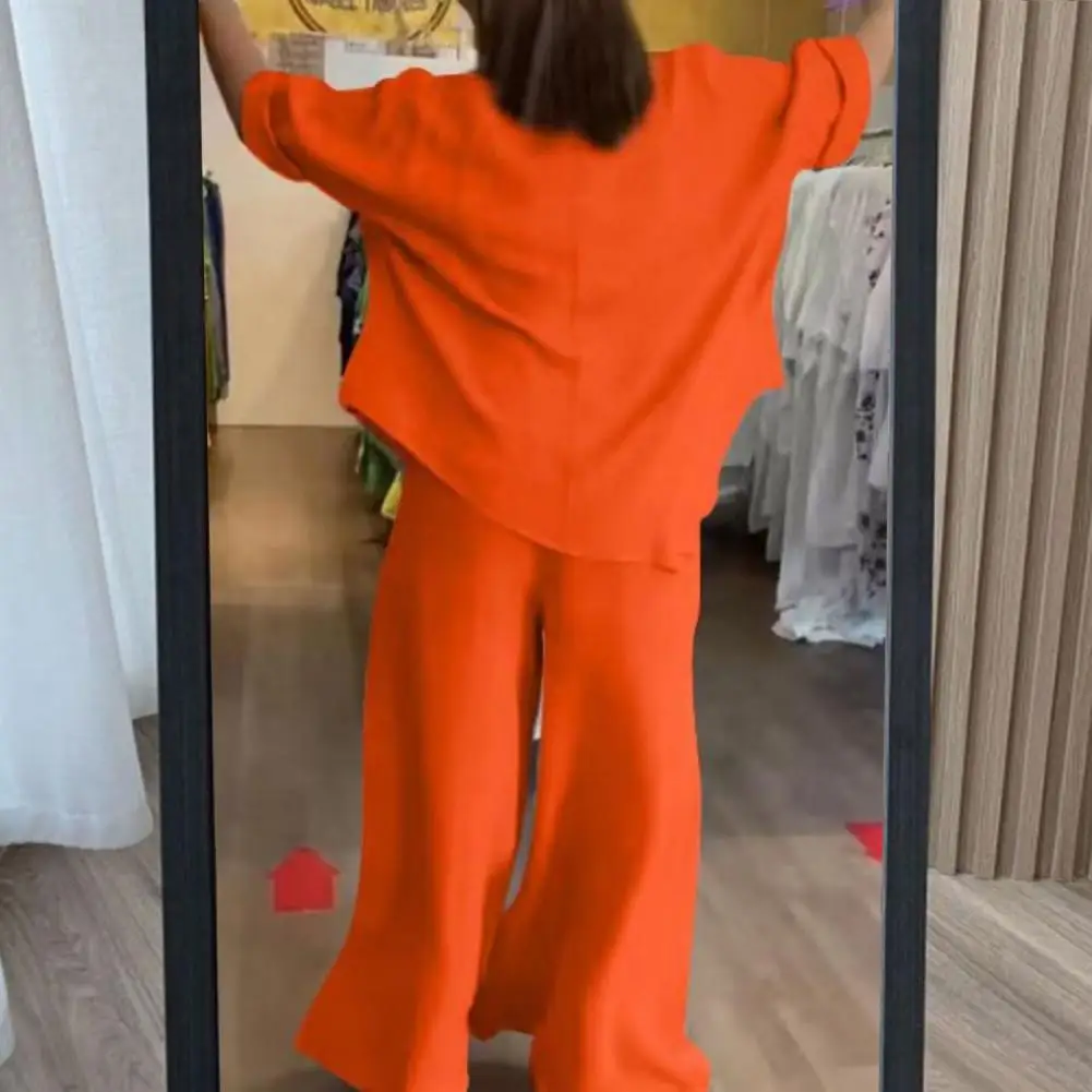 Lady T-shirt Pants Set Retro Lady Outfit Stylish 2-piece Set with Irregular Hem Top Wide Leg Trousers Loose-fitting Elastic