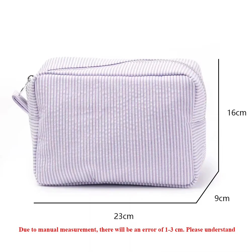 Seersucker Ruffle Cosmetic Bags Pink/Purple Striped Storage Make Up Bags for Women Lady with Zipper Travel Bag Makeup Bag
