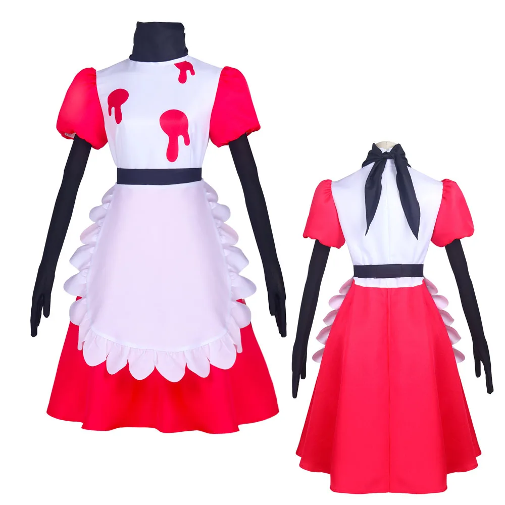 

Anime Hotel Niffty Cosplay Costume Women Red Dress Apron Accessories Full Set Hell Inn Niffty Role Play Uniform Halloween Party