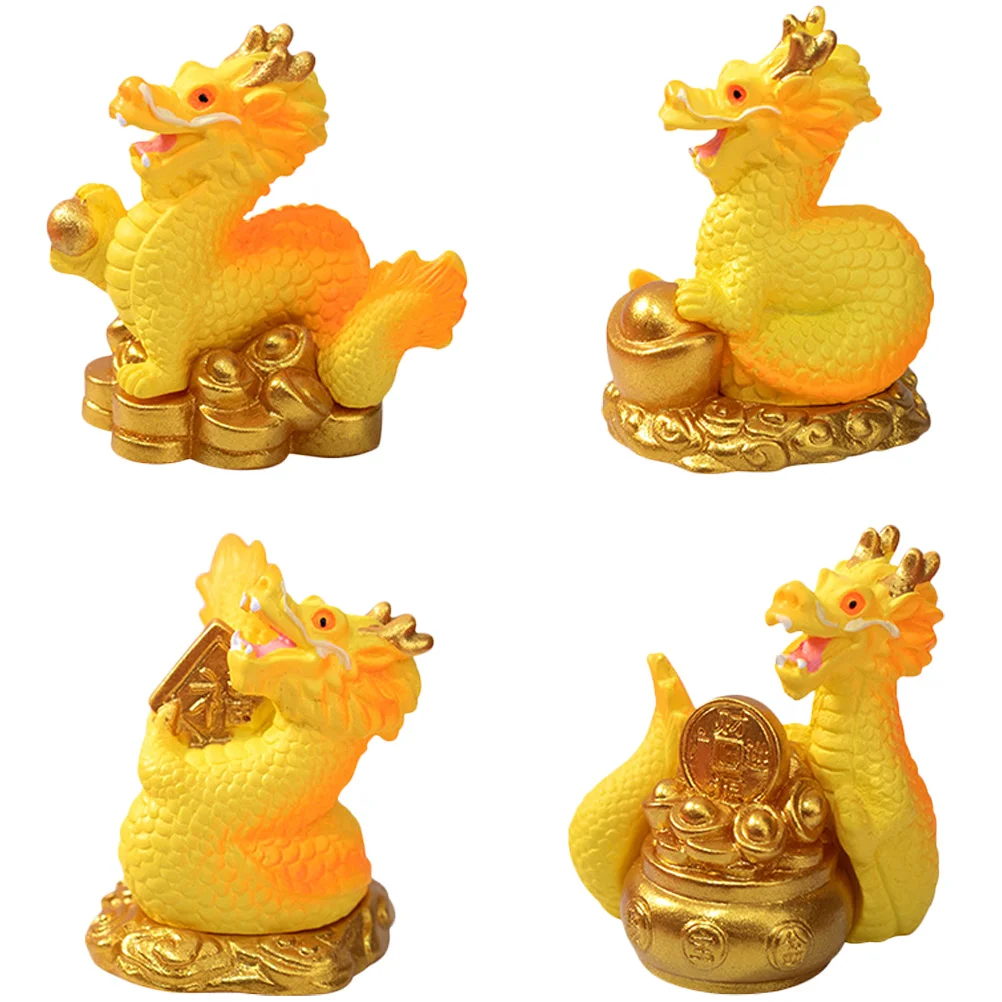 

4 Pcs Home Decor Zodiac Dragon Dolls Resin Figurines Miniature Adornment Dashboard Desktop Tiny Statues Decorative