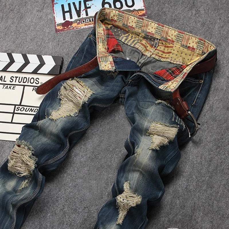 Men Ripped Denim Trousers Jeans Straight Pencil Pants Vintage