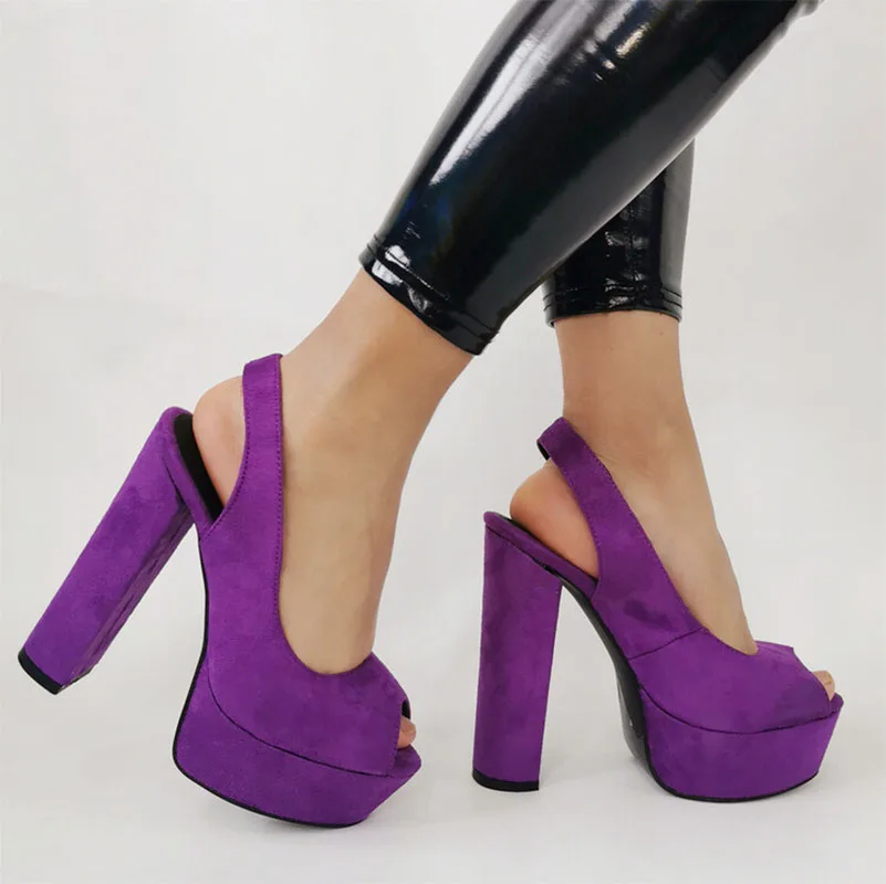 Kolnoo Handmade Ladies Chunky Heels Sandals Real Photos Slingback Peep-toe Summer Sexy Shoes Evening Party Fashion Purple Shoes