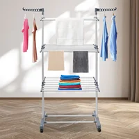 Modern 4 Tiers Metal Clothes Drying Rack Rectangular Folding Rolling Dryer Hanger Free Stand Laundry Organizer Gray/Blue 1