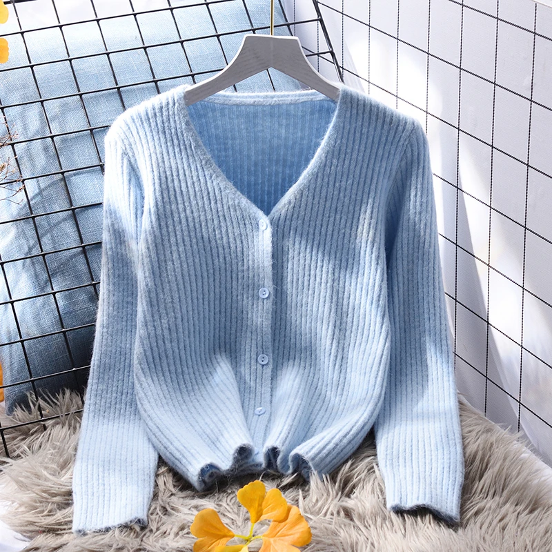 

Blue Knitted Women Sweater Cardigan Autumn New Design 2022 V-Neck Long-Sleeved Female Outwear Coats Top Quality