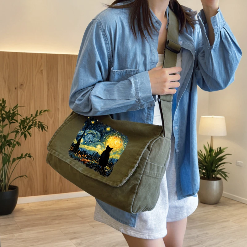Artistic Women's Shoulder Bag Canvas Cat Print Large Capacity Messenger Bag Daily Use Crossbody Bag