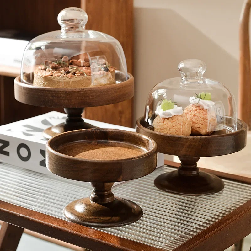 Living Room Cake Wooden Tray Acacia Wood Fruit Tray Glass Cover Dust Proof Dessert Dessert Table Fruit Storage Tray 3