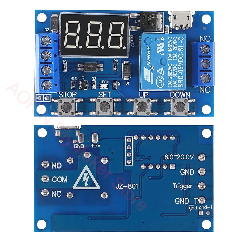 Modulo Relè Temporizzato USB Con Display LCD - Scheda Controllore Ritardo 6-30V, Interruttore Programmabile Con Micro USB E Base Bianca - 2