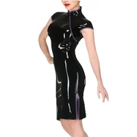 Plus Size Mock Collar Short Sleeve Cheongsam Style Black Women Dress Shiny PVC Leather Side Split Elegant  Evening Cocktail Gown - Image 4