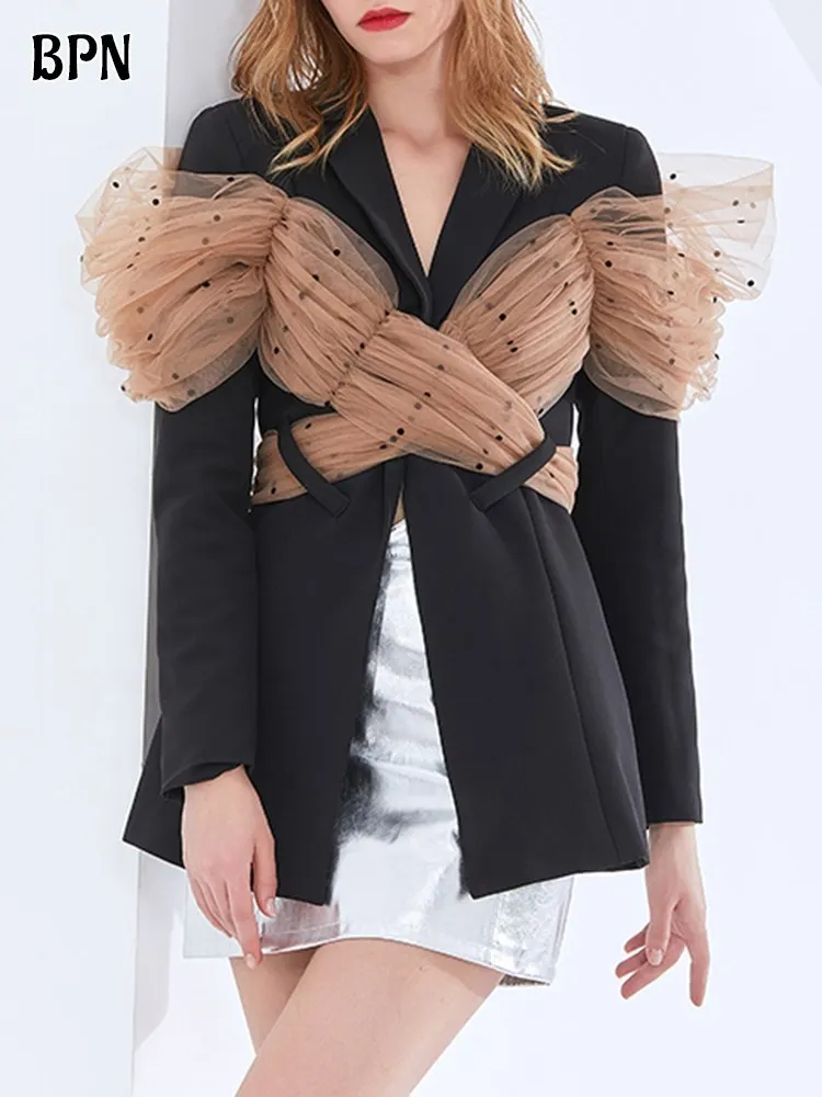 BPN Patchwork Mesh Blazer For Women Notched Collar Long Sleeve Backless Hit Color Temperament Blazers Female Fashion Clothing