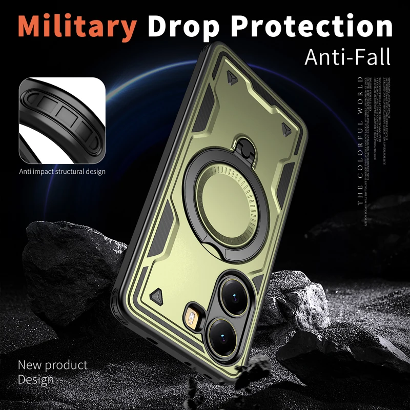 Military Drop-Proof Hard Case with 360° Adjustable Ring Stand and TPU Protection