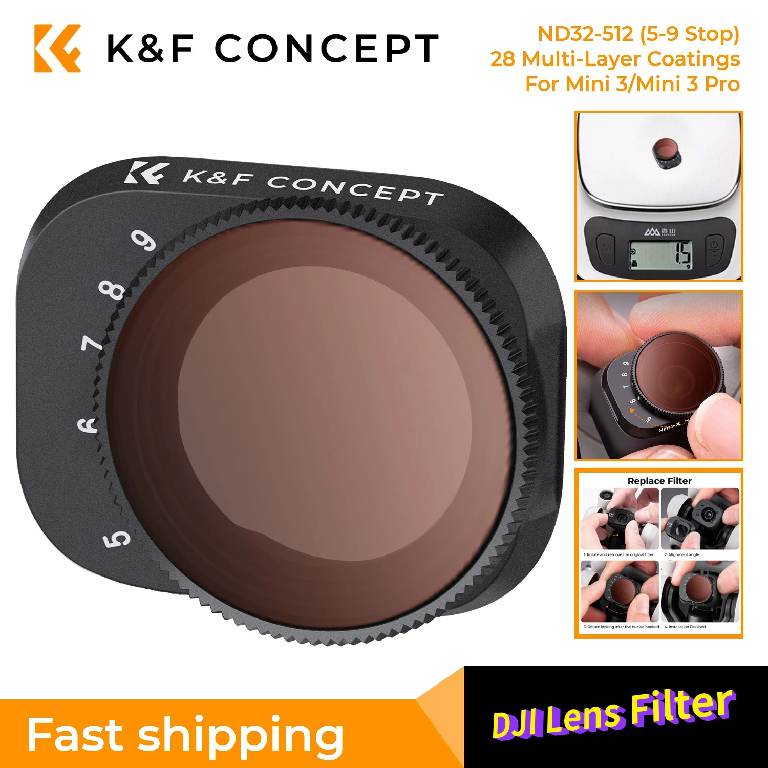 

K&F Concept Variable ND32-ND512 Filter for DJI Drone Mini 3 Pro with Anti-reflection Green Film with 28 Layers of Nano-Coating