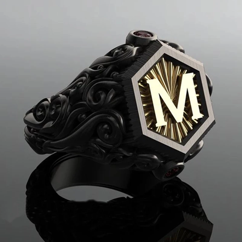 Signet Ring Classic Retro Black Men Gold Color Carving M Letter Steampunk For Birhday Gift Party Gothic Jewelry