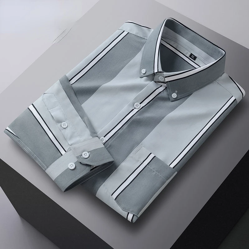 Men's Summer Dress Slim Fit Korean Stripes Camicia Men's Social Shirt Plaid Loose-Fitting Shirt Long Sleeve Male