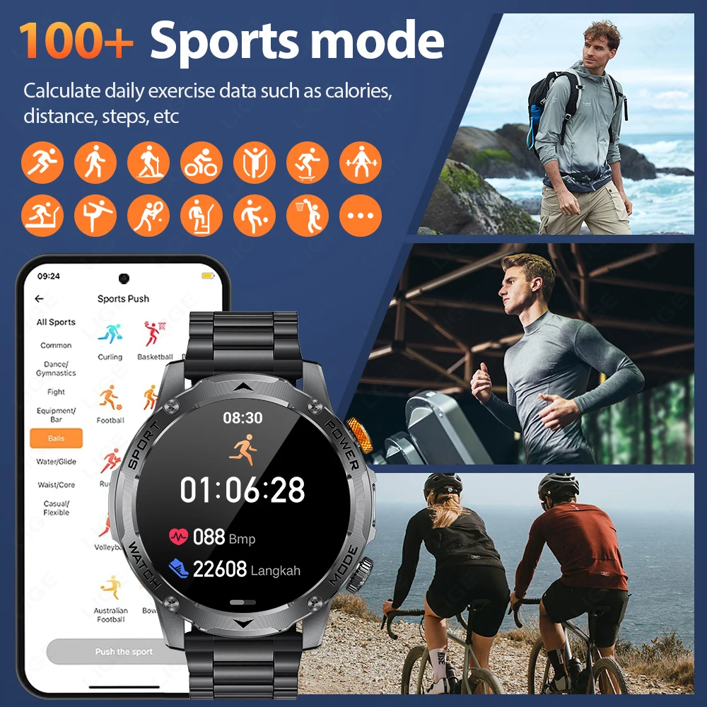 LIGE 1000mAh Long Standby Smart Watch Flashlight Bluetooth Call 1.7 Inch Health Monitoring Outdoor Sports Men Women Smartwatch