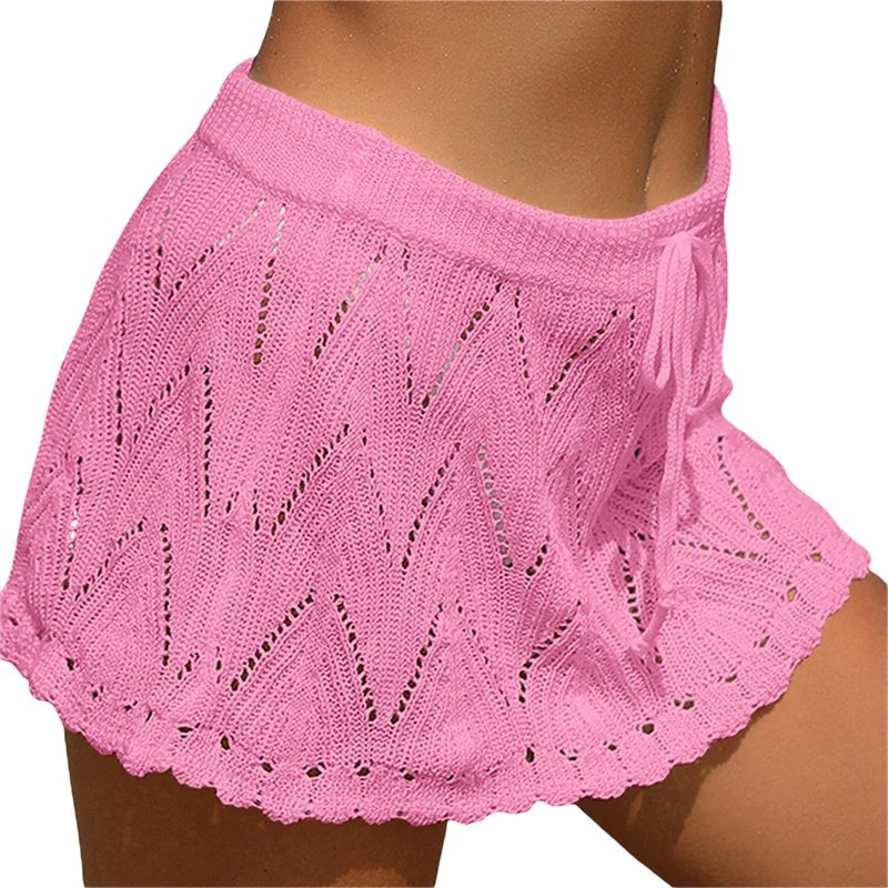 Falda de playa para mujer, de verano, de color liso, con cordón, de cintura alta, de punto, minifalda, traje de baño informal