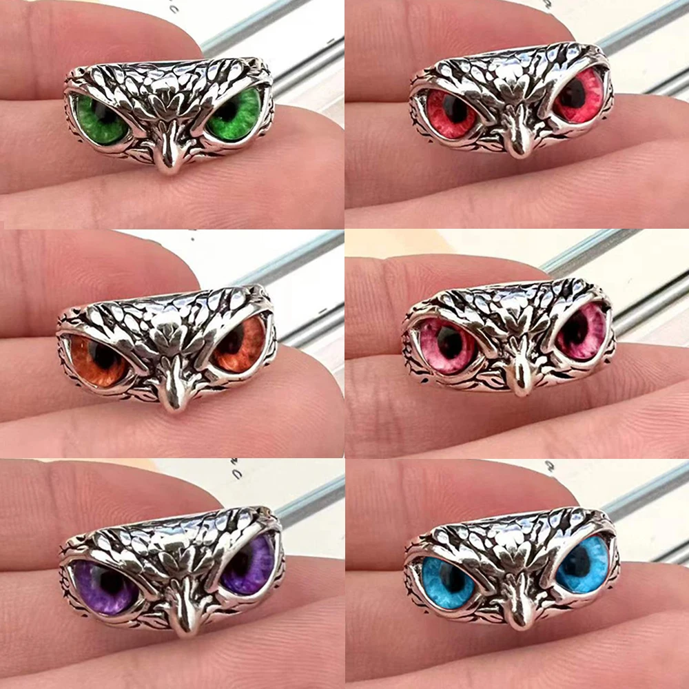 

Vintage Owl Eye Rings Jewelry Adjustable Antique Silver Color Multicolor Eyes Women Bijoux