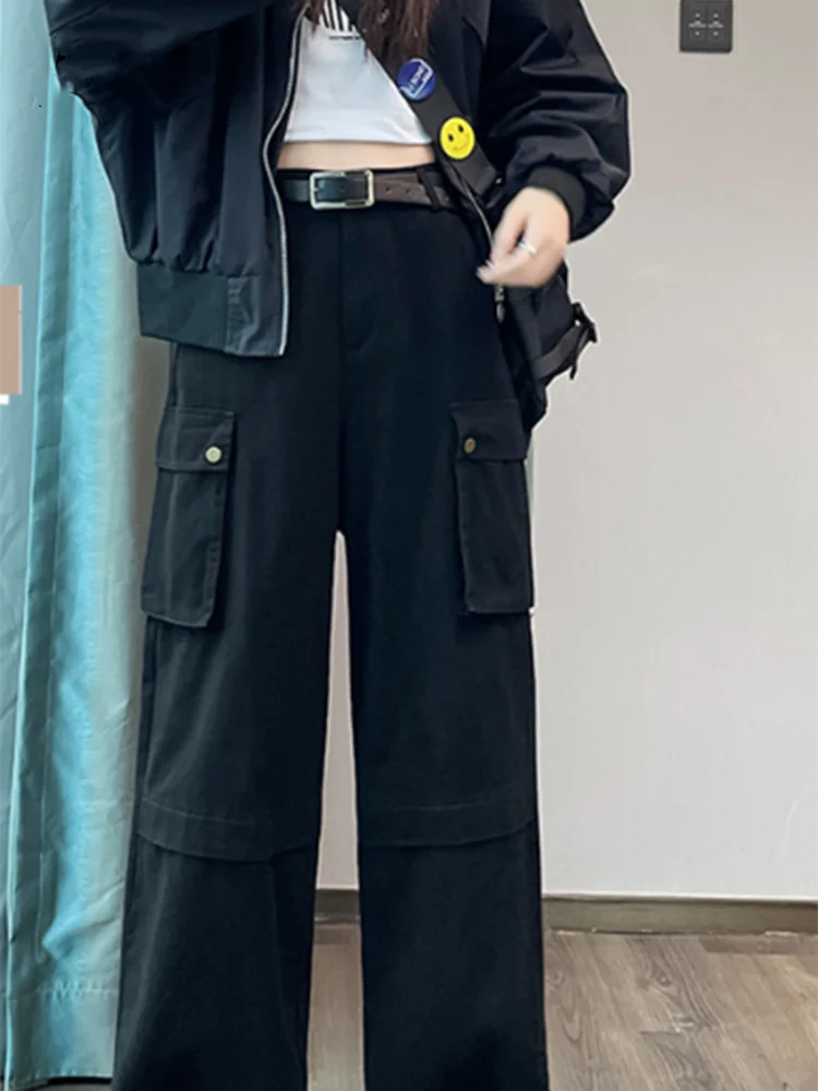 New Y2K Fashion Cargo Women Wide Leg Pants High Waist Chicly Pockets Female Pants Straight Casual Black Loose Trousers Lady