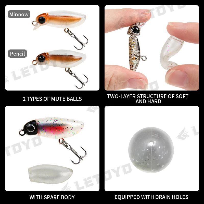 LETOYO MuteBall Minnow 38F/Pencil38F 38mm 2.7g Surface Artificial Insect  Bait Soft Plastic Body Mini Floating Trout Fishing Lure