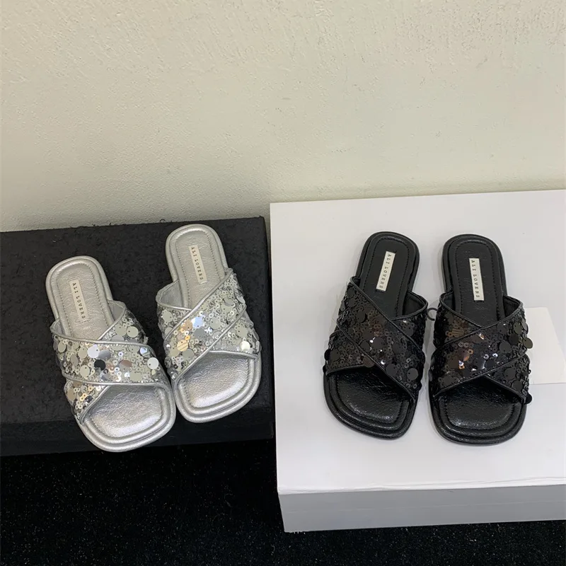 

Shoes Ladies' Slippers Low Slipers Women Flat Summer Silver Rubber 2024 Fabric PU Slides Hoof Heels Bling Female Shoes Slippers