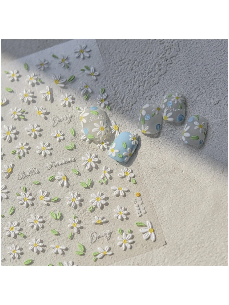 1Sheet 5D Soft Embossed Relief Nail Stickers, Cute Daisies Self Adhesive, DIY Japanese Nail Art Dec