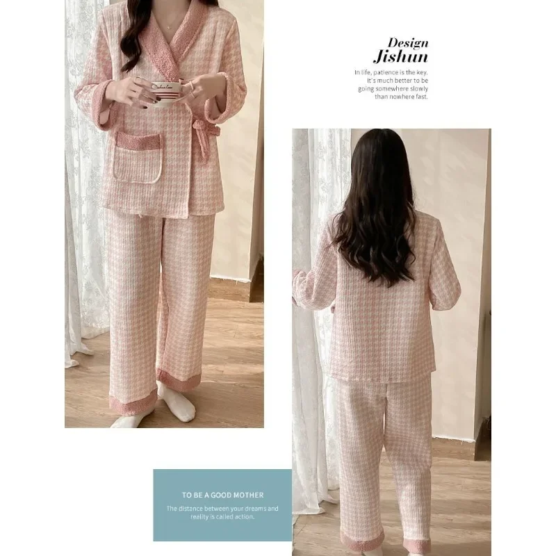 2024 New Coral Fleece Nursing Clothes Autumn Winter Plus Fleece Thick Pregnant Women Pajamas Warm V-neck Homewear Two-piece Suit