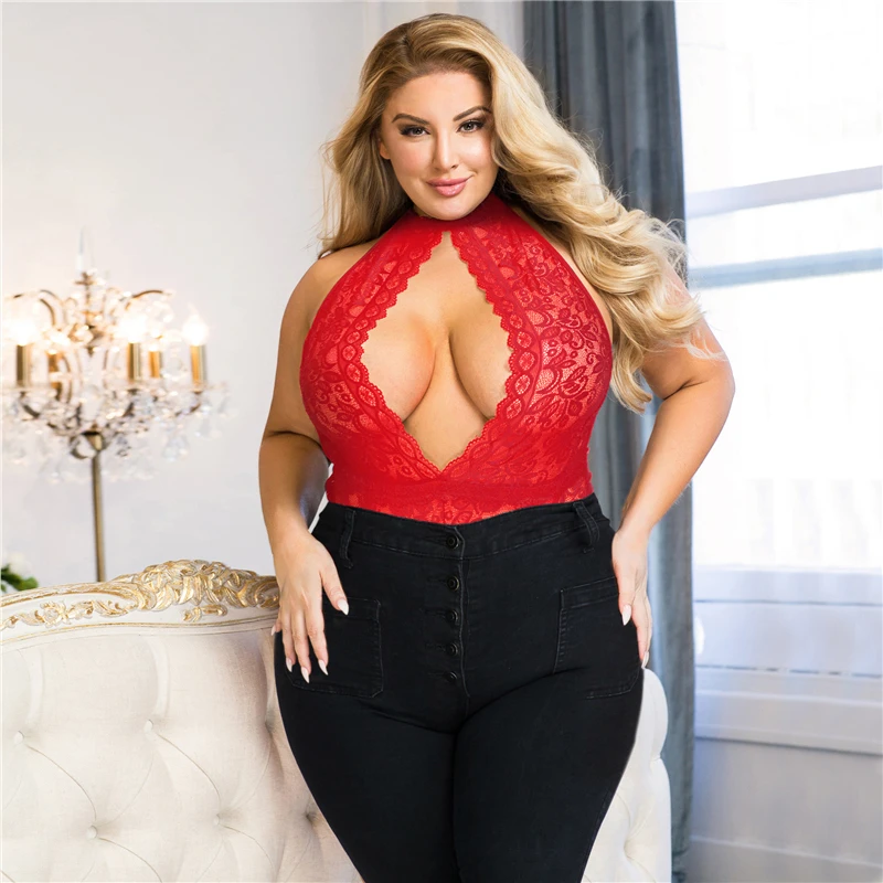Plus Size Red Lace Bodysuit Teddy Lingerie With Garters - Leopard
