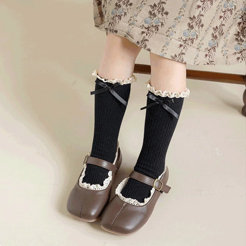 Girls Lace Bow Calf High Long Sock for Kids Sweet Beige Coffee Color Bow Ruffle Sock Children Spring Autumn Cotton School Sock