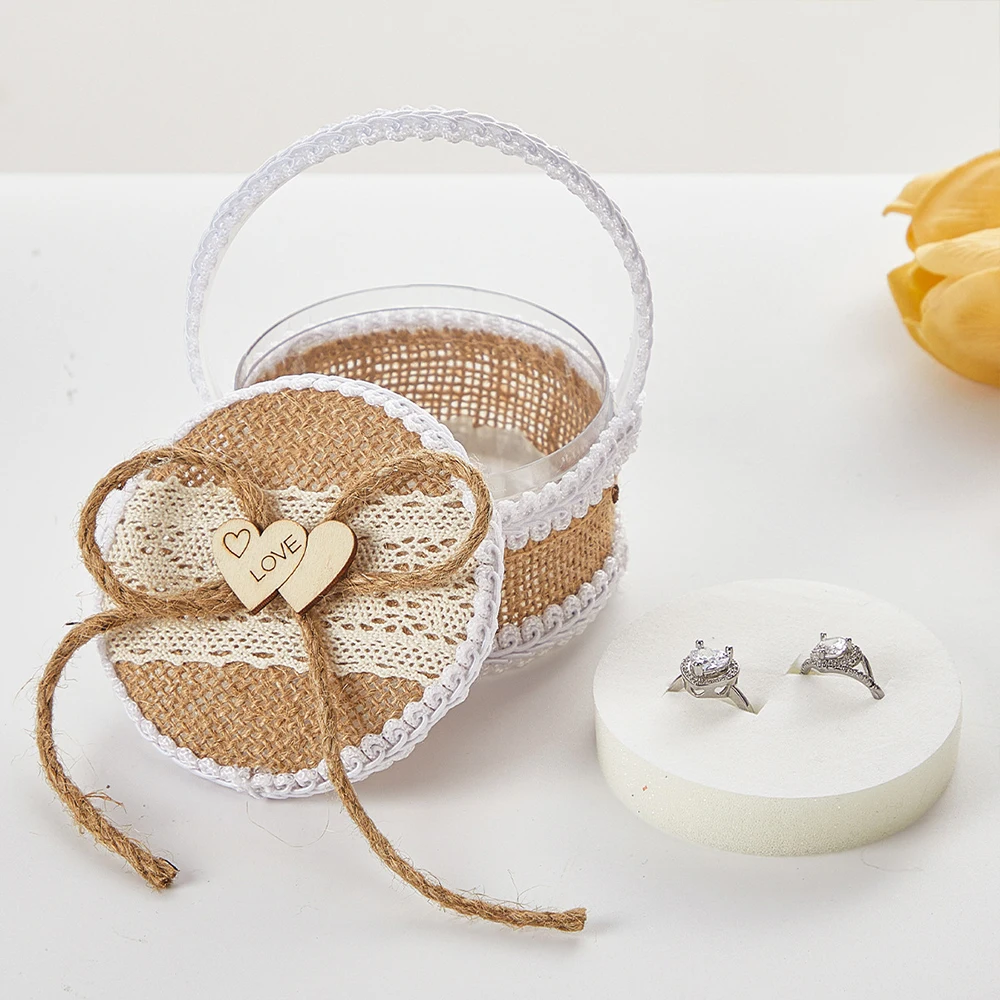 Vintage Herzförmige Jute-Spitzen-Ringbox Kissen für Hochzeiten, Rustikale Schmuck-Aufbewahrungsbox, Braut-Antrags-Ringhalter – Detail 7