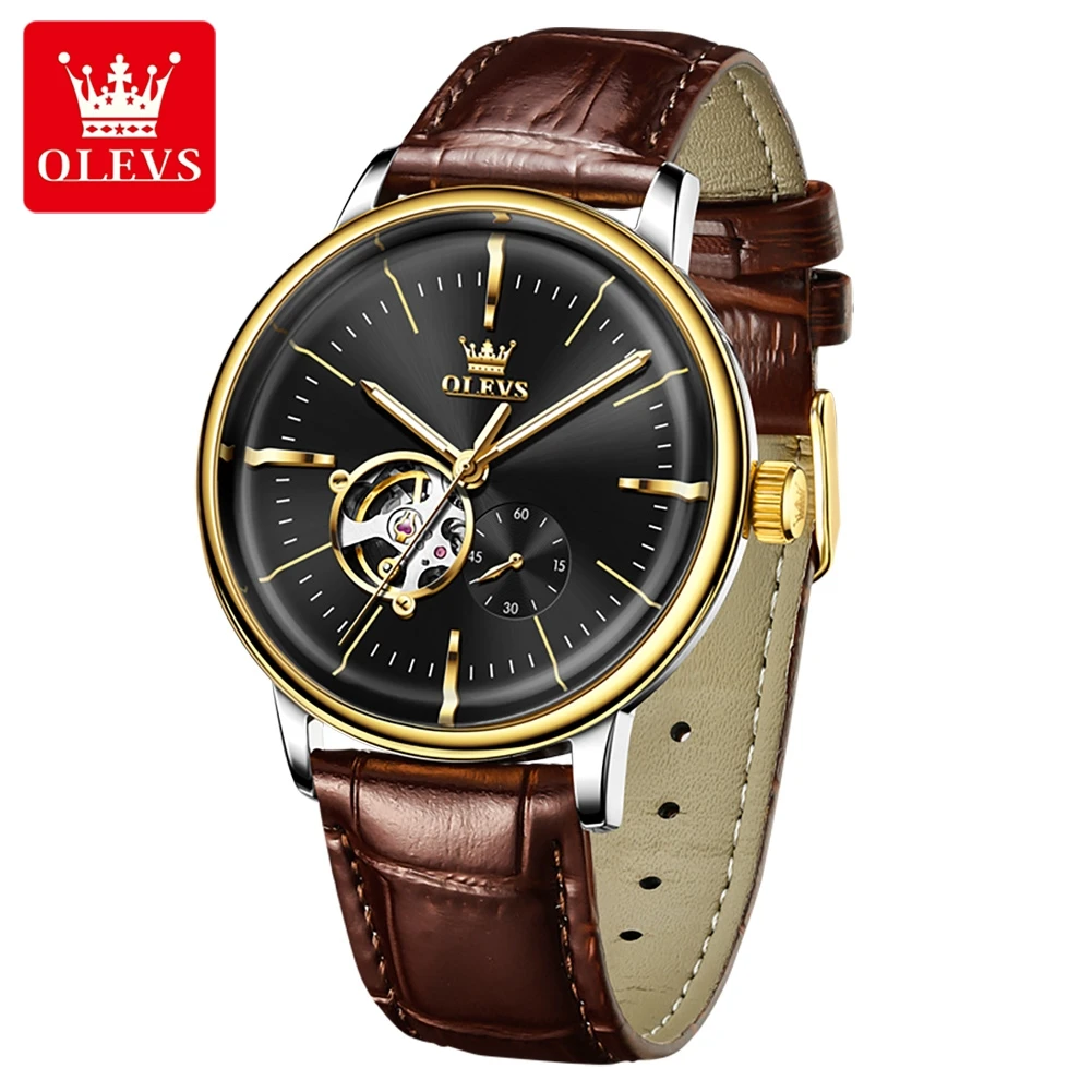 OLEVS Brand Fashion Tourbillon Mechanical Watch for Men Sport Leather Strap Waterproof Hollow Watches Men Relogio Masculino