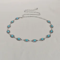 Silver Bohemian Metal Waist Chain Belt with Blue Gemstone Ellipse - 110cm (Ellipse silver)