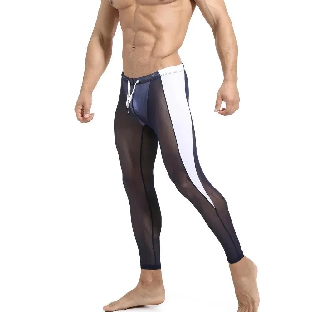 Transparent Men's Mesh Cycling Sports Panties Sexy Underwear Body Shaper Male Long Stocking Breathable Fitness Train Tight Pants men leggings