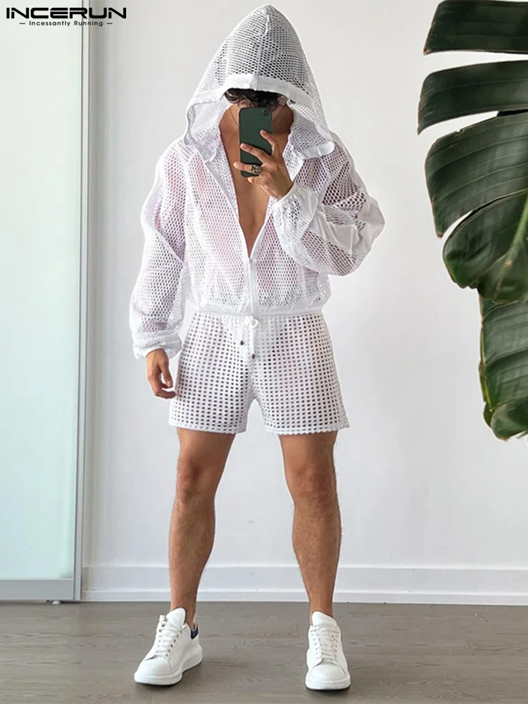 INCERUN 2023 American Style New Men's Breathable Mesh Hollow Hooded Zipper Jackets Shorts Casual Streetwear Two-piece Sets S-5XL 29 styles fashion men s polo sets mesh printed 2023 streetwear zipper short sleeve shorts two pieces men casual suit s 3xl