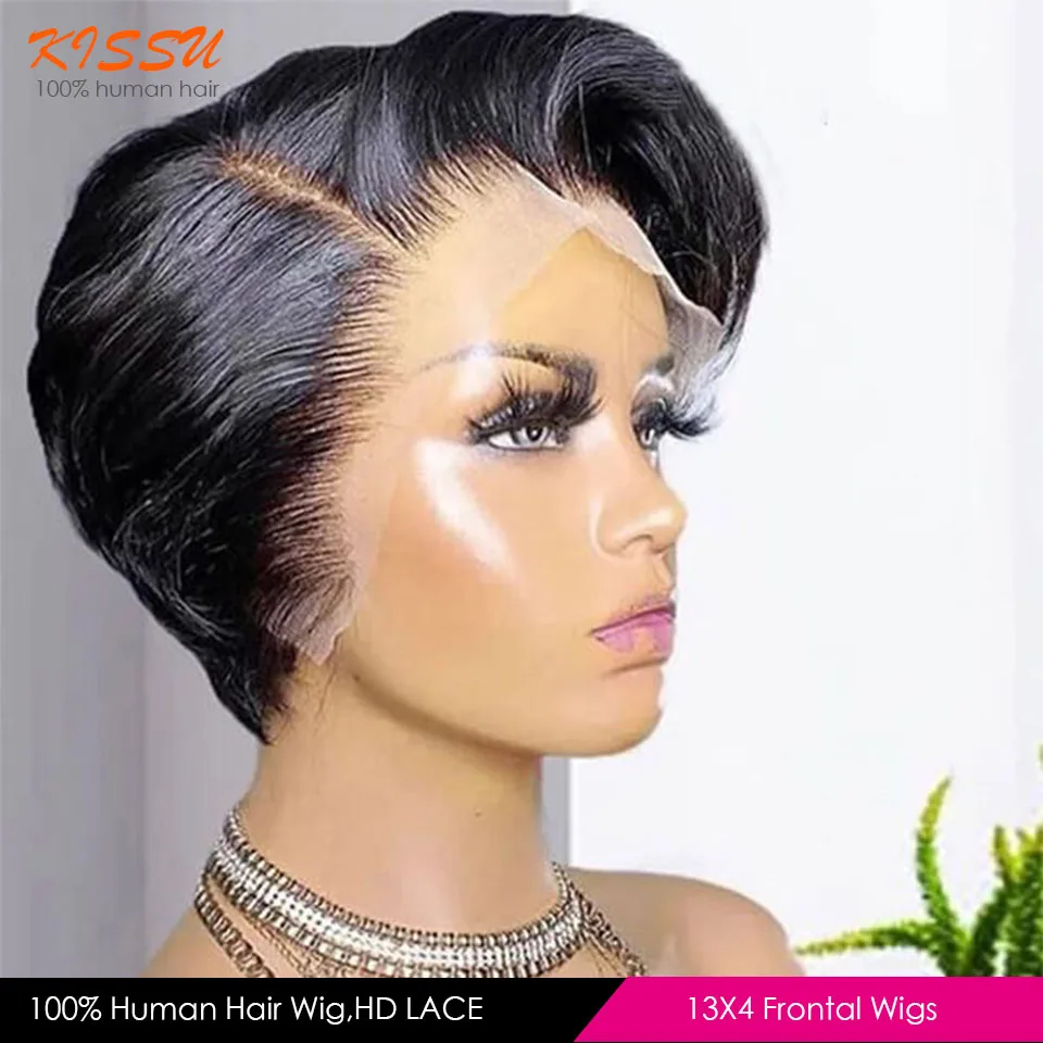 

Flattering Big Forehead Human Hair Short Bob Wigs Straight Side Part Lace Front Wigs Transparent 13X4 Lace Frontal Wig For Women