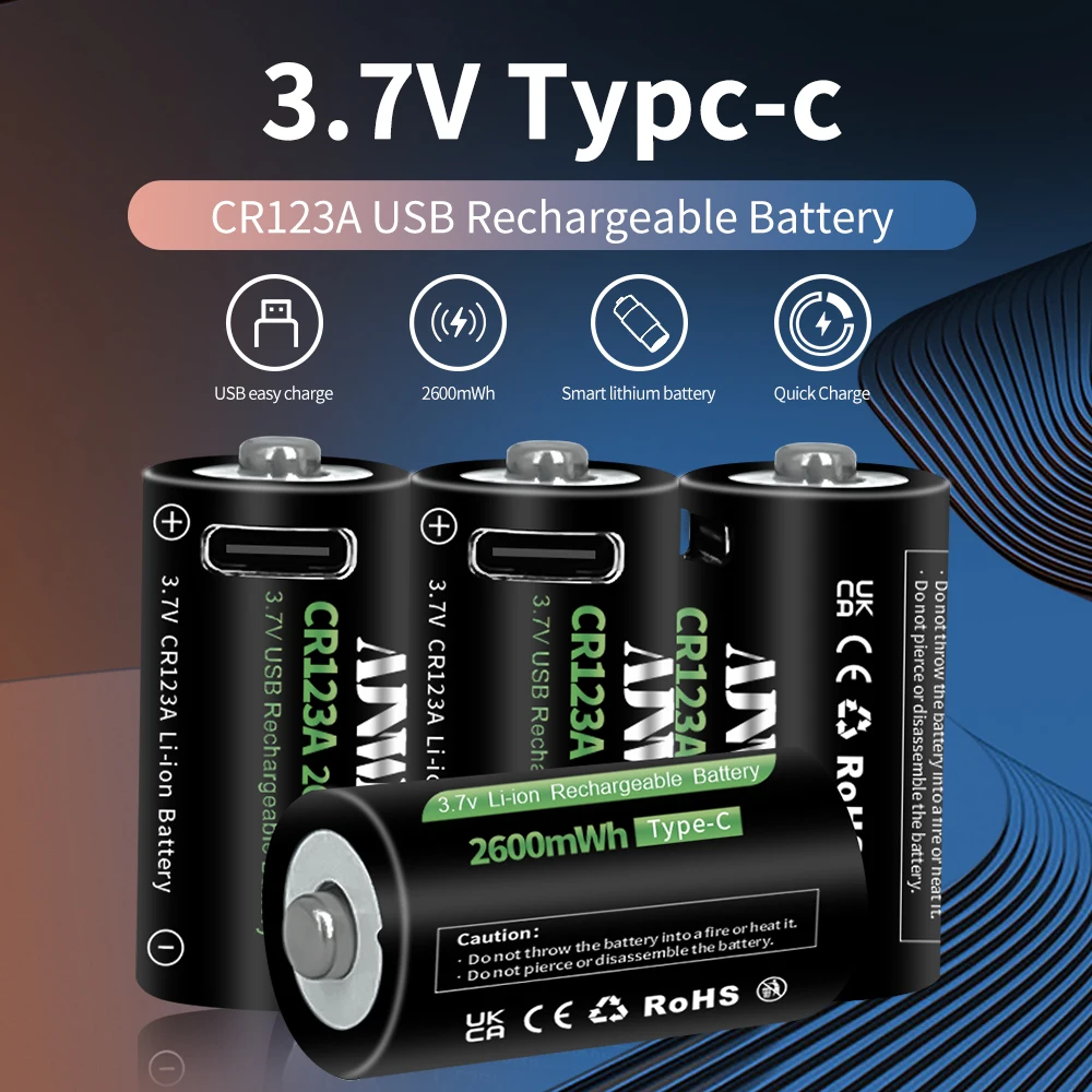 

AJNWNM CR123A Battery 2600mWh 3.7V Rechargeable Li-ion 16340 Batteries For LED Flashlight 16350 RCR123 Battery+USB Type-c Cable