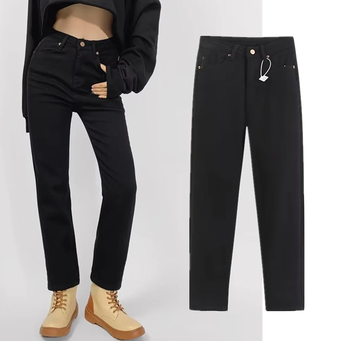Withered  New Women's Cloth Jeans Women Fashion Black Denim Pants For Winter Plush Warm