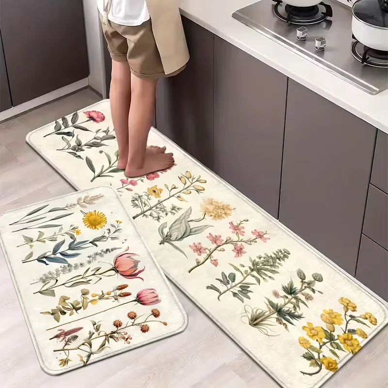 Floral Kitchen & Bathroom Mats Non-Slip, Runner Rugs for Home, Laundry - Comfortable Standing Pads with Vibrant Spring Decor 1