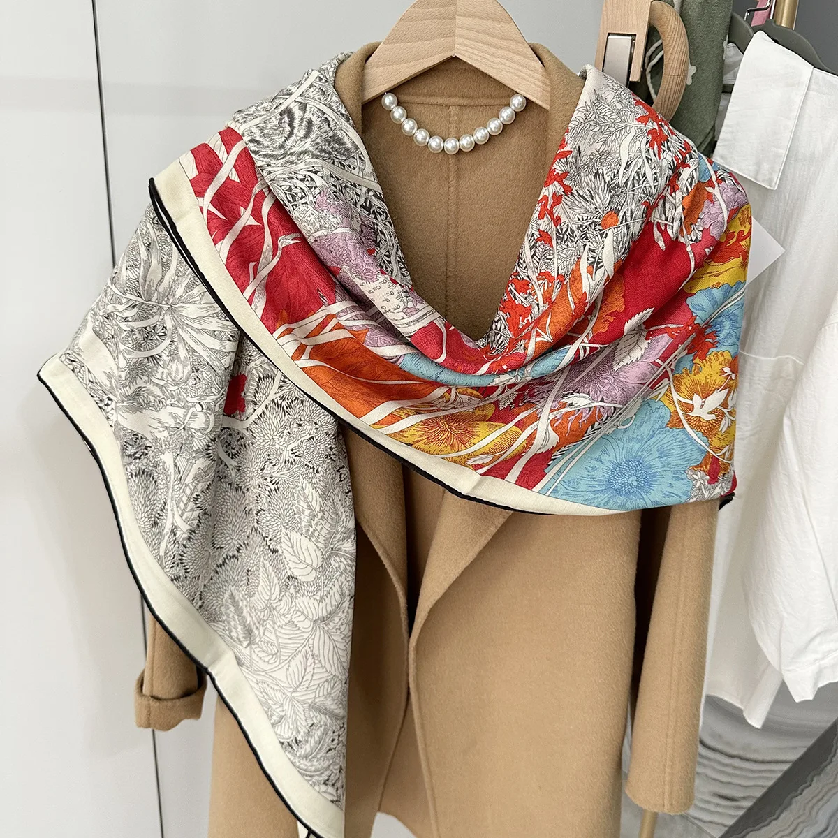 

High-end Winter Scarf Women Luxury Brand Silk Cashmere Scarf Naturalize Print Design Square Scarf Pashmina Shawl Wool Kerchief