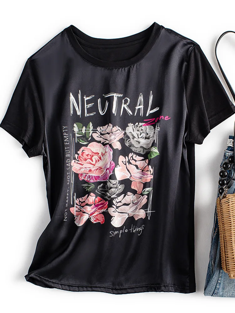Summer Hot Sale Satin Silk White T-shirt Luxry Sense for Ladies\' O-Neck Satin Cotton T Shirt Women Multi-picture Options