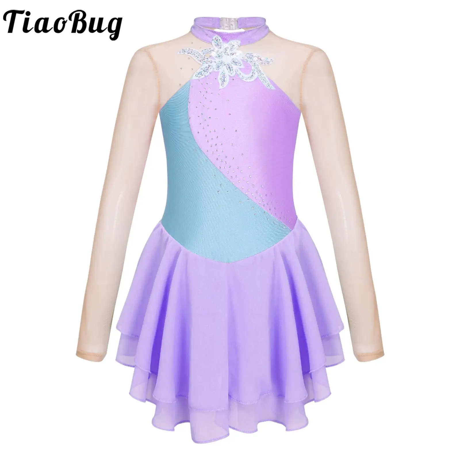 

Kids Girls Sequins Floral Lyrical Dance Dress Long Sleeve Ballet Gymnastics Leotard Figure Ice Skating Dance Competition Costume