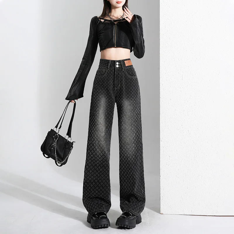 

H.sa Black Jacquard Wide Legged Jeans Women's New 2024 Spring American Straight Leg Loose Slim Slimming Floor Dragging Pants