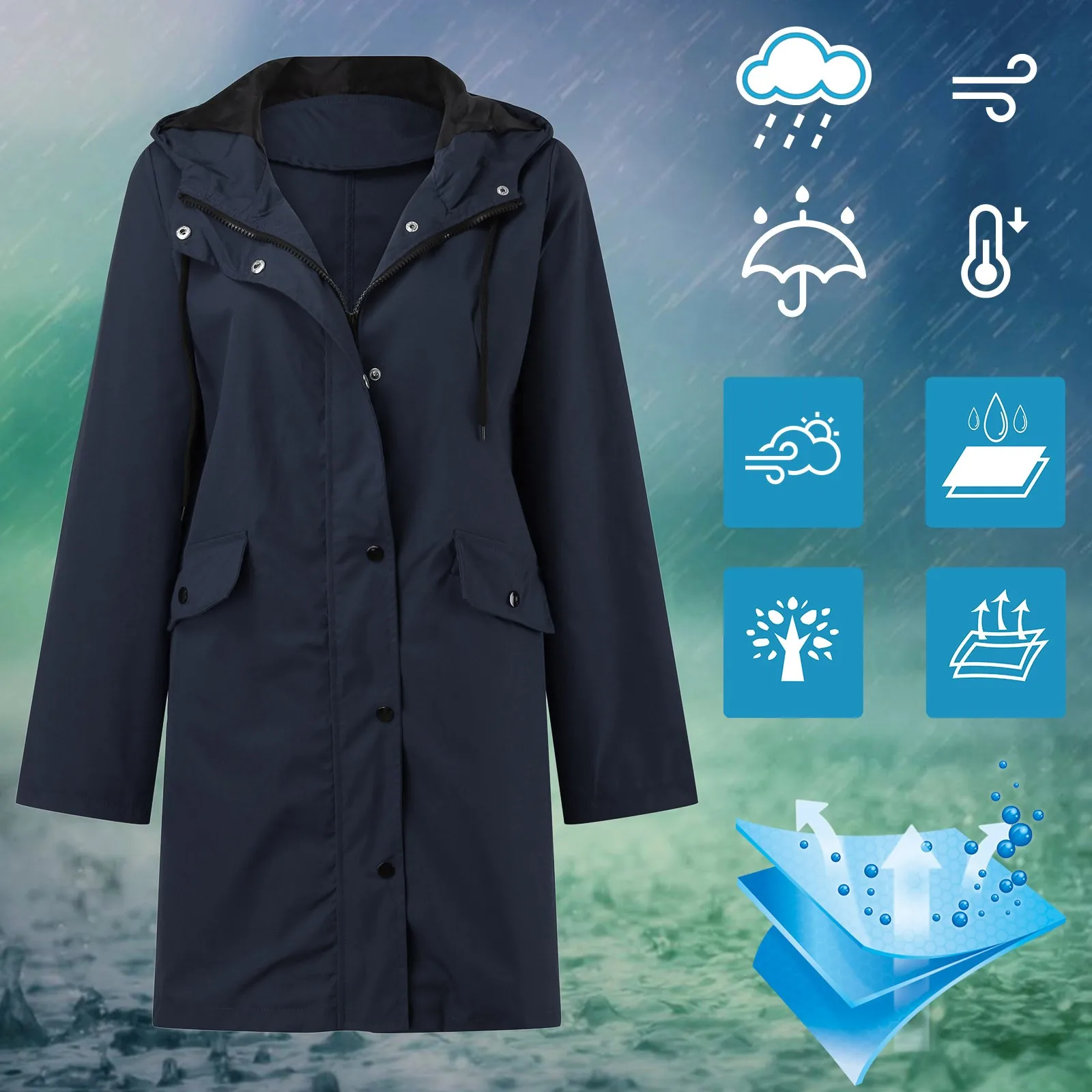 Waterproof Windproof Fashion Women Solid Trench Hoodie Rain Outdoor Windbreaker Long Sleeve Long Hooded Raincoat Plus Size