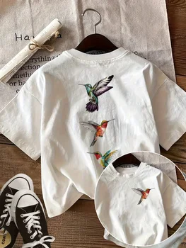 Casual Short-Sleeved Round Neck T-Shirt Featuring a Hand-Painted Hummingbird Design on Both The Front And Back 1