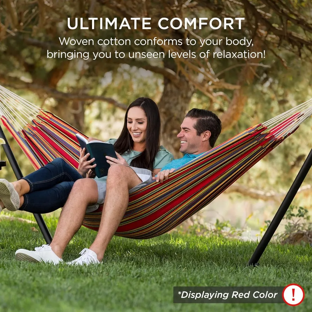 Double hammock with steel stand indoor outdoor Brazilian-style cotton bed with carrying bag 2-person capacity