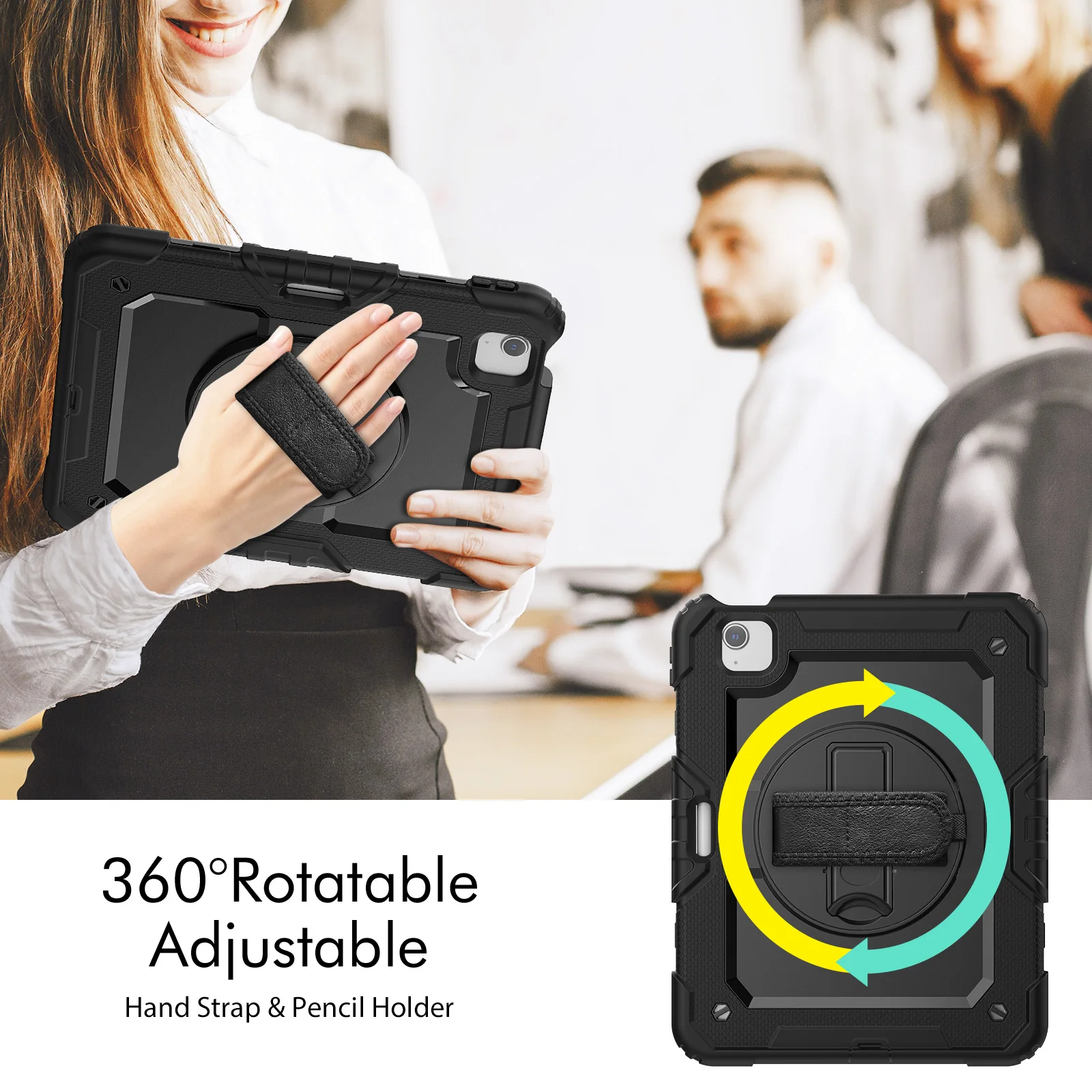 Shockproof Tablet Case with Screen Protector and 360° Rotating Hand Strap, Featuring Pencil Holder