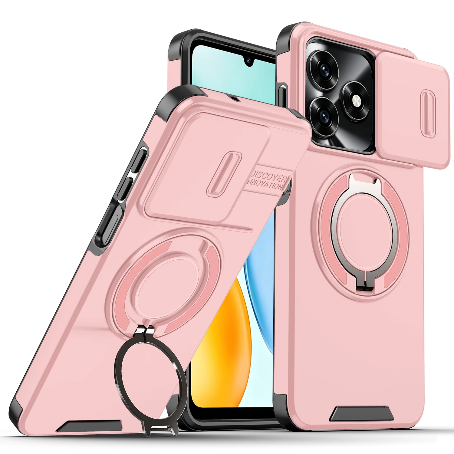 Enhanced Protective Magnetic Ring Holder Case with Slide Lens Protector Cover