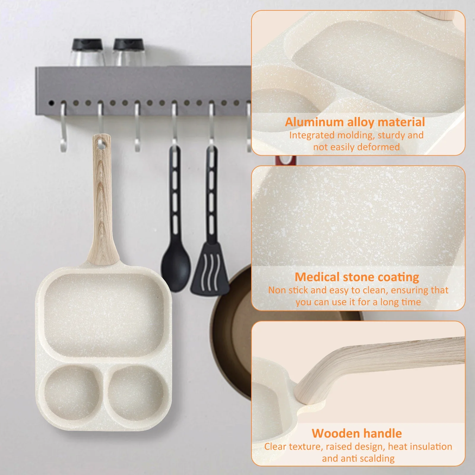 Aluminium Alloy Egg Frying Pan With Maifan Coating 3 in 1 Non Stick Breakfast Pan for Induction Cooker Gas Stove Omelette